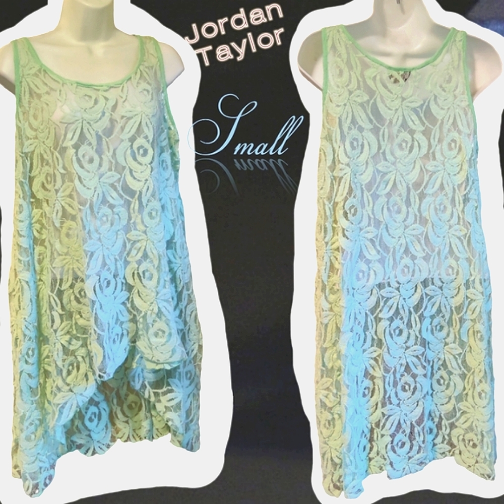 🗺️ Jordan Taylor Mint green Tank, see thru, Lace, High Low Dress Cover-up Pretty